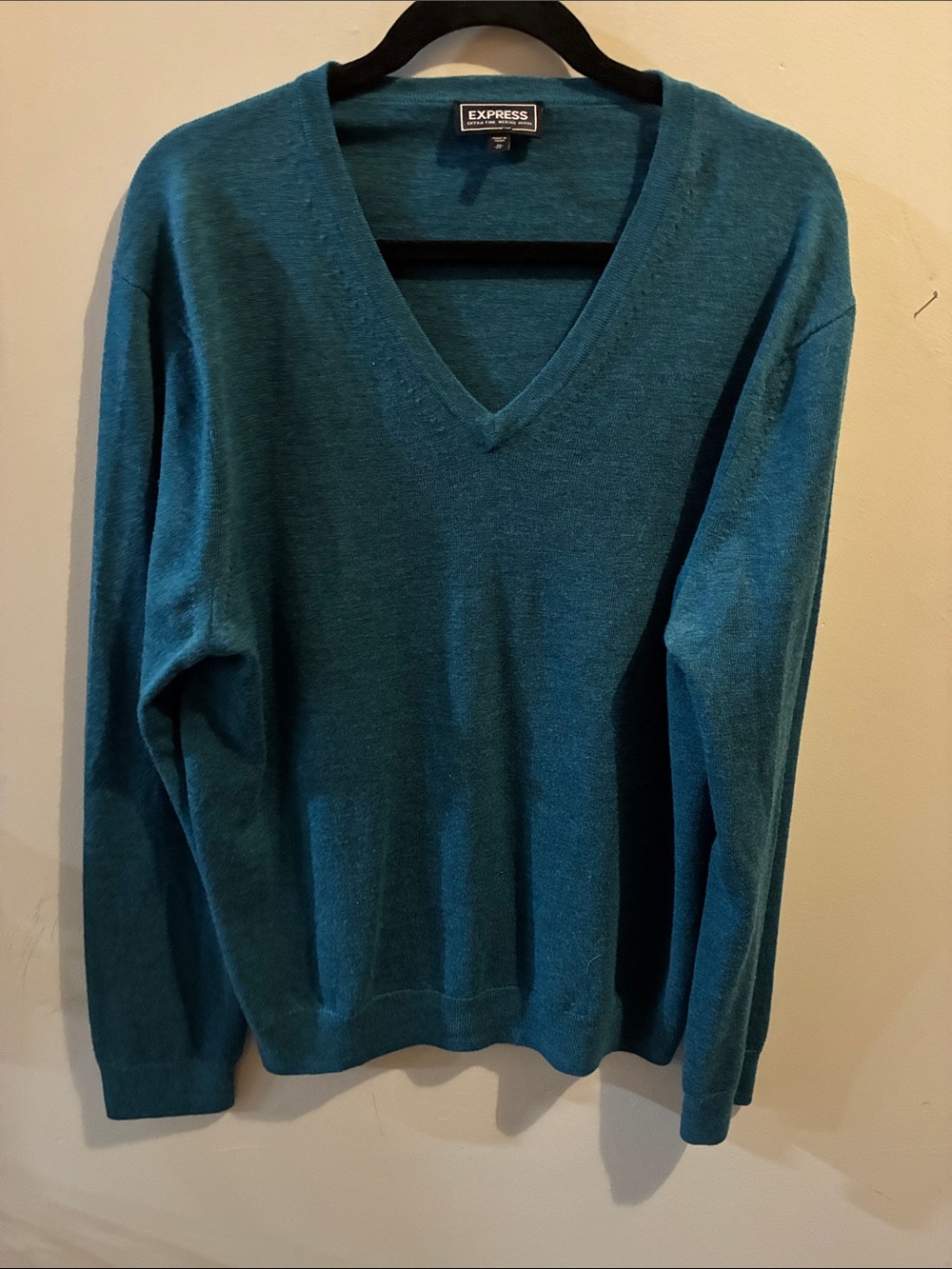 Express Men's Extra Fine Merino Wool V-Neck Sweater Teal Blue XL